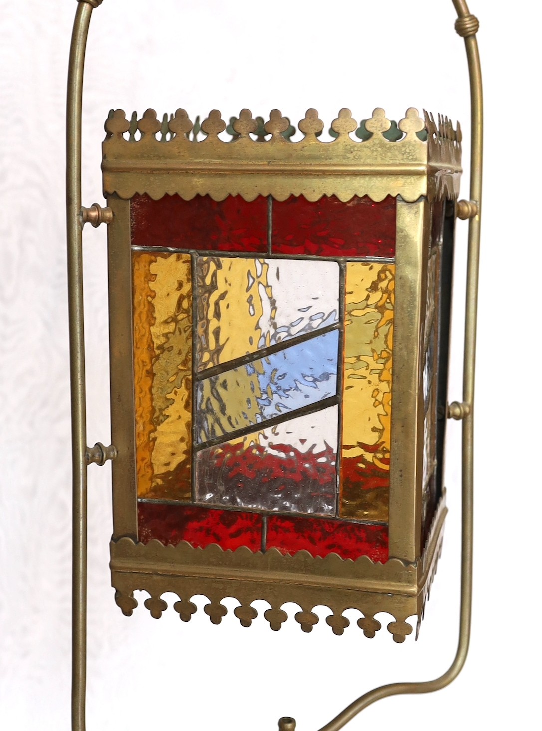 A Victorian brass and stained glass hall lantern, height 110cm. width 28cm